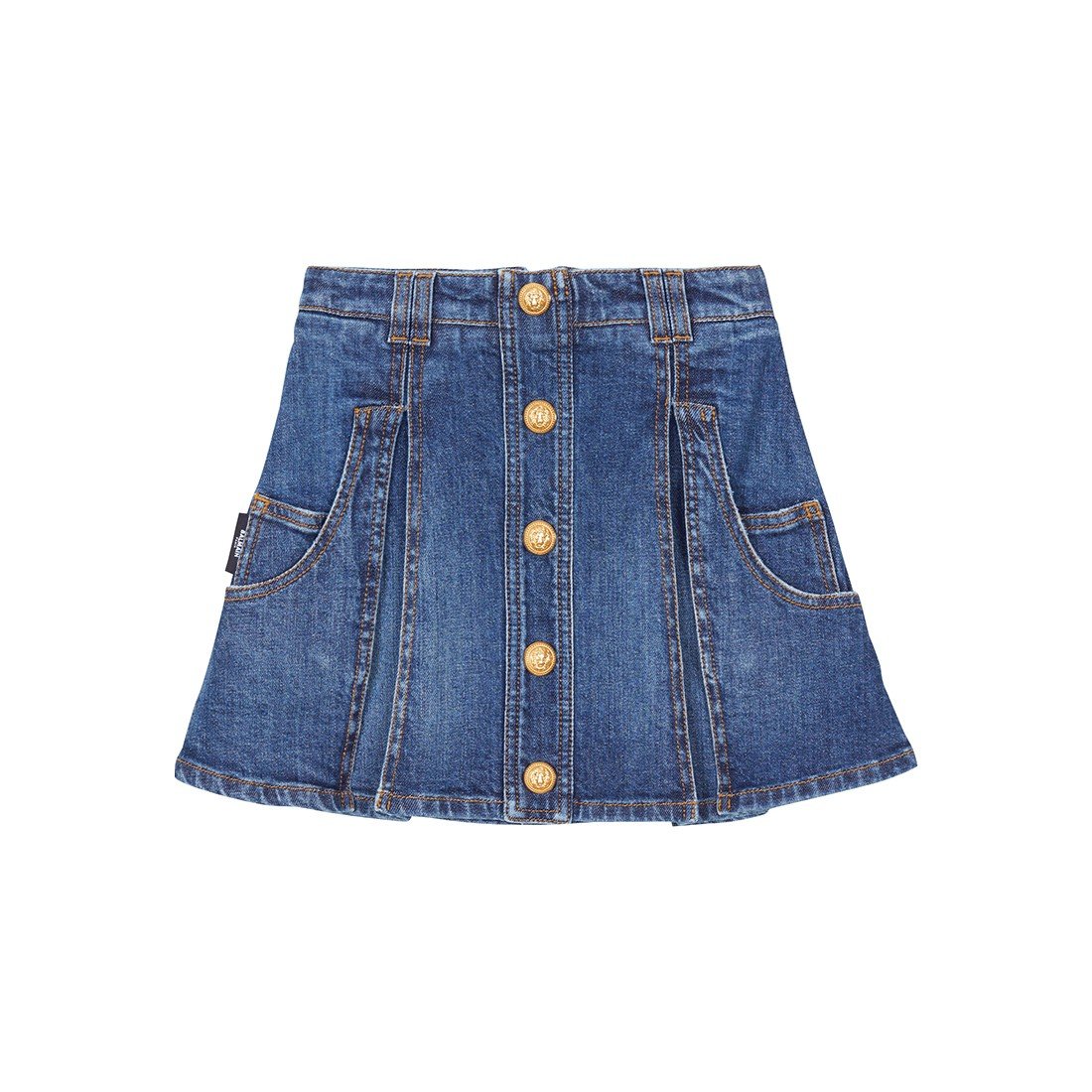 BALMAIN Women Leather Accent Denim Mini Skirt