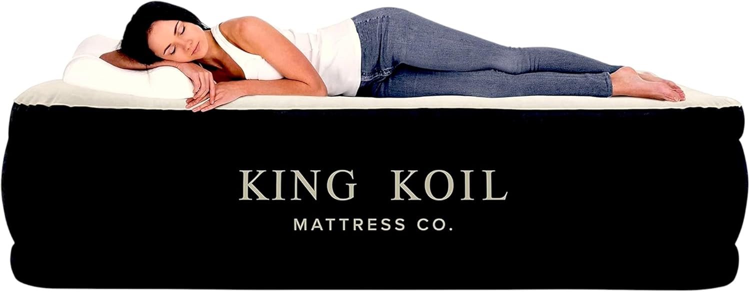 King Koil Luxury Queen Size Air Mattress with Built-in High-Speed Pump. 20 Adjustable Double High Premium Pillow Top Inflatable Airbed for Guests. Camping & Home (Manufacturer Warranty)