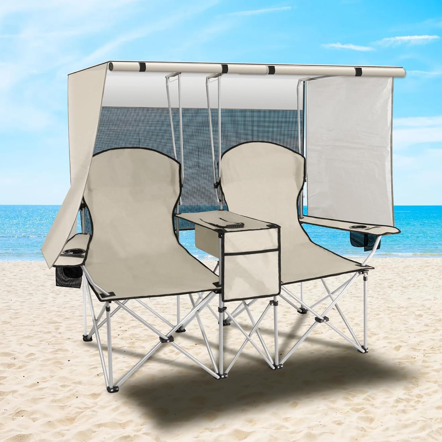 PLKO Portable Double Camping Chair with Canopy Shade.Heavy Duty Beach Chairs for Adults.Folding Beach Chair with Cooler Bag for Sports Backyard Fishing Outside(White)