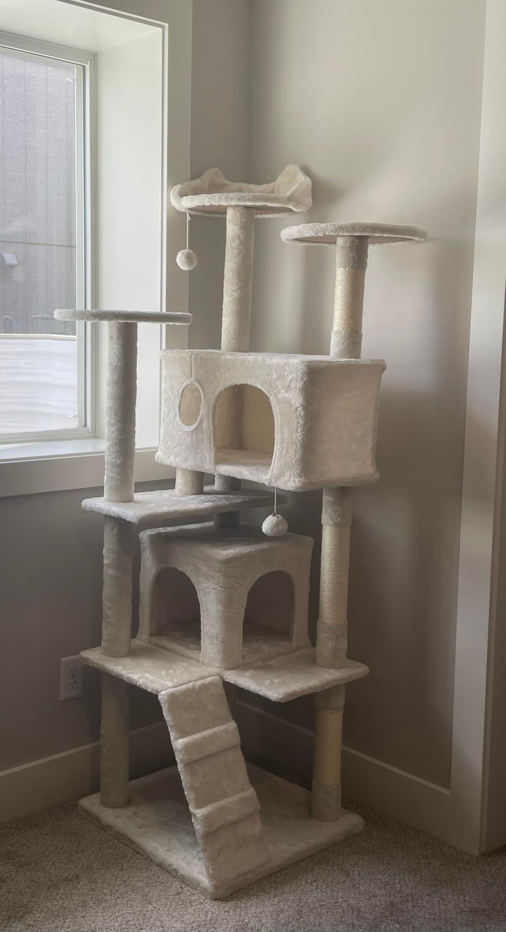 Yaheetech 54in Cat Tree. Multi-Level Cat Tower with Spacious Kitten-ear Perch. 2 Cozy Caves. Scratching Posts. Climbing Ladder. 2 Plush Balls. Durable Pet House Furniture for Indoor Kittens. Dark Gray photo review