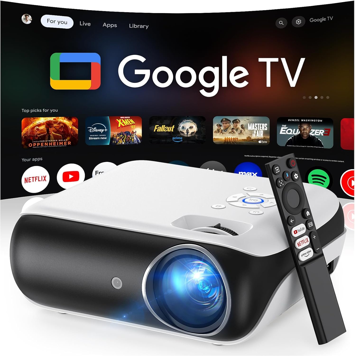 Official Licensed Google TV Smart Projector. HAPPRUN 4K UHD Home Theater with Dolby Sound. Wi-Fi & Bluetooth. Built-in Streaming Apps. Compatible with Games Consoles & Smartphone. Indoor & Outdoor Use