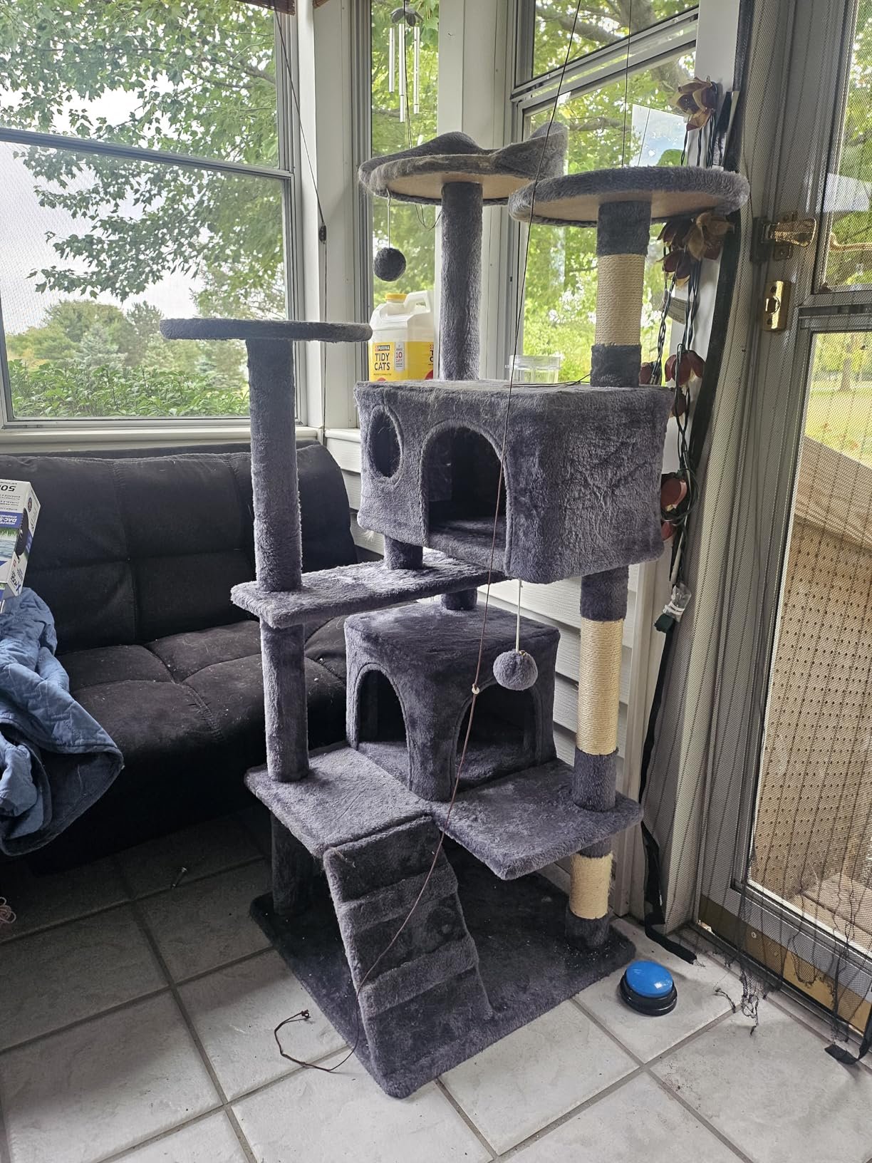 Yaheetech 54in Cat Tree. Multi-Level Cat Tower with Spacious Kitten-ear Perch. 2 Cozy Caves. Scratching Posts. Climbing Ladder. 2 Plush Balls. Durable Pet House Furniture for Indoor Kittens. Dark Gray photo review